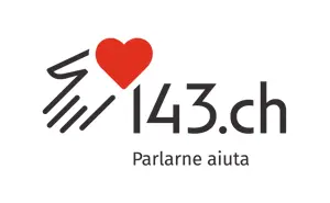 Logo di 143.ch con una mano stilizzata e un cuore rosso. Slogan "Parlarne aiuta" sotto il nome.
