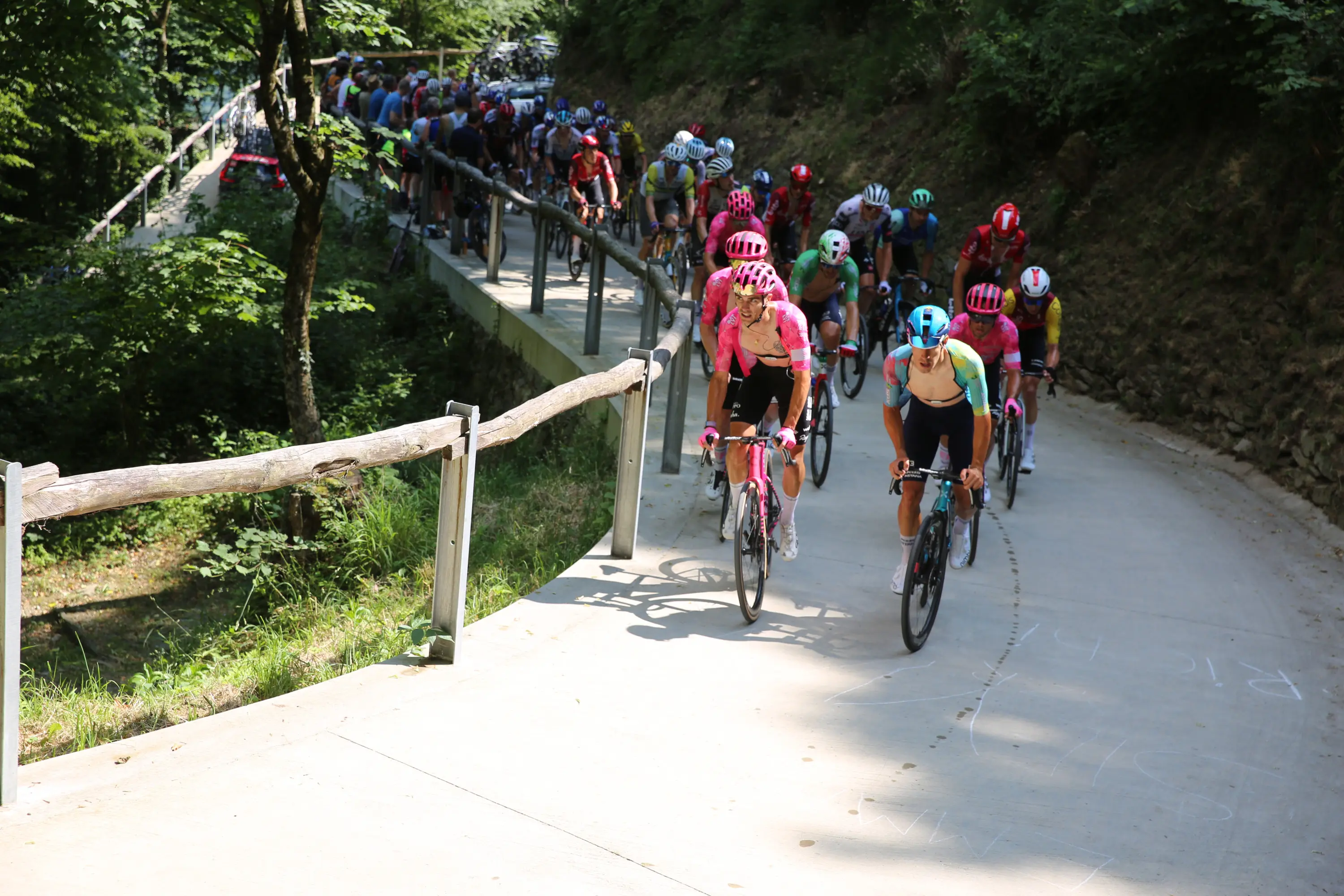 Un gruppo di ciclisti su una strada in salita, circondati da un ambiente verde. Alcuni indossano caschi colorati, in particolare rosa e azzurro. La strada è angusta e contornata da una balconata di legno.