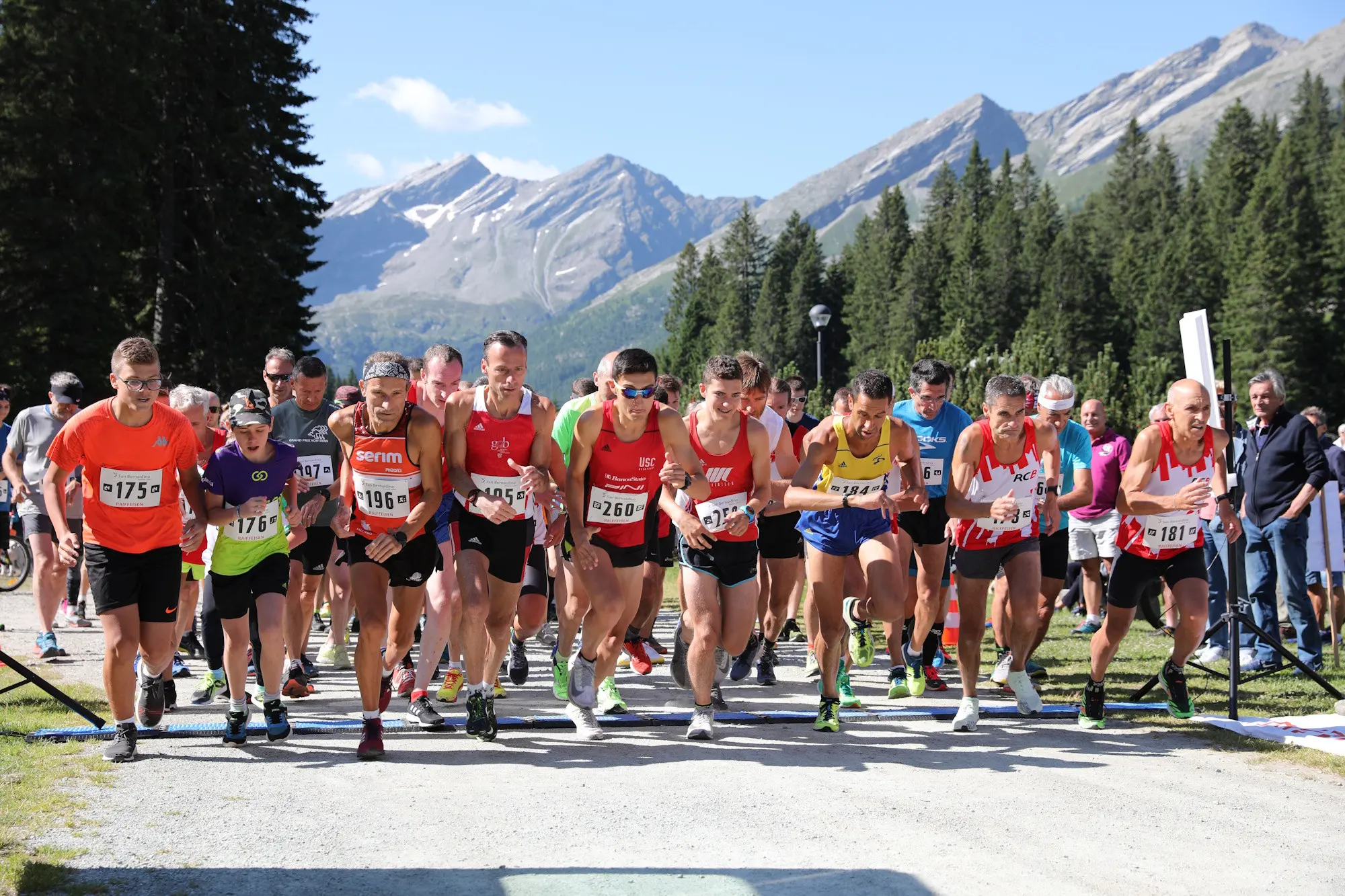 Gruppo di corridori al via di una gara su un percorso in montagna, circondati da alberi e montagne innevate sullo sfondo. È una giornata di sole con cielo sereno.