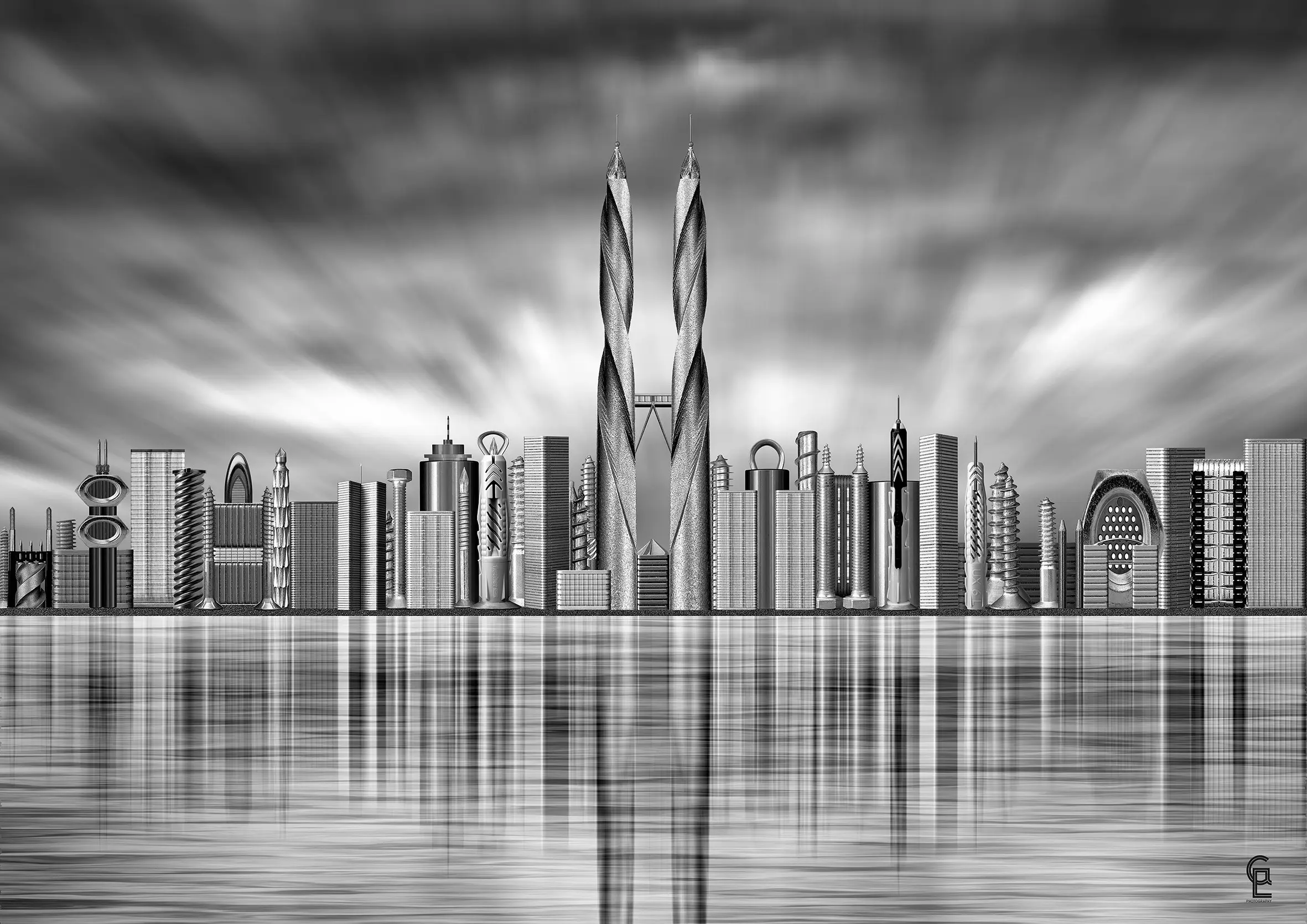 Uno skyline futuristico in bianco e nero con grattacieli di vari stili architettonici e torri caratterizzate da forme spiralate, riflessi sull'acqua. Nuvole scure coprono il cielo, donando un effetto drammatico alla scena.