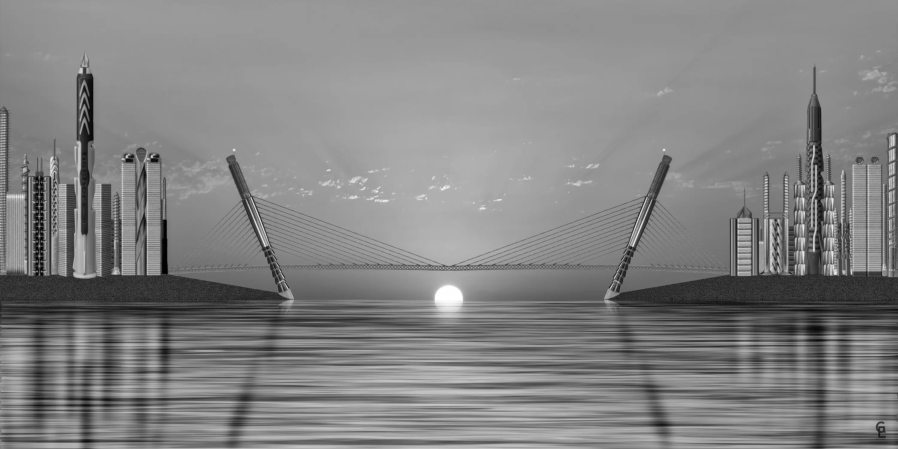 Panorama urbano in bianco e nero con grattacieli moderni e un ponte elegante che collega due rive, mentre il sole sorge all'orizzonte riflettendosi nell'acqua calma.