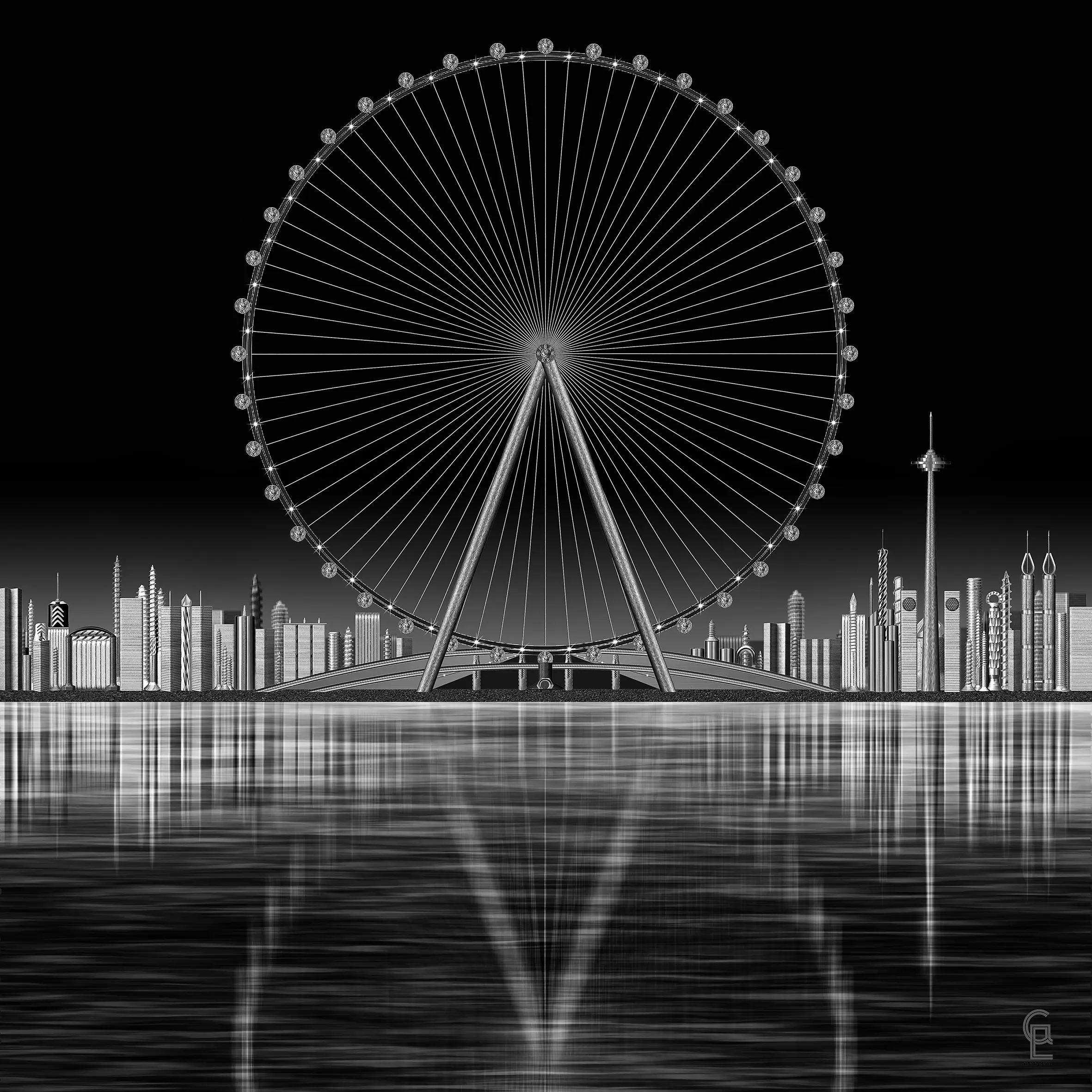 Una ruota panoramica stilizzata si erge sullo sfondo di uno skyline urbano moderno, riflessa su un lago calmo. Il contrasto tra il bianco e nero accentua l’architettura delle torri.