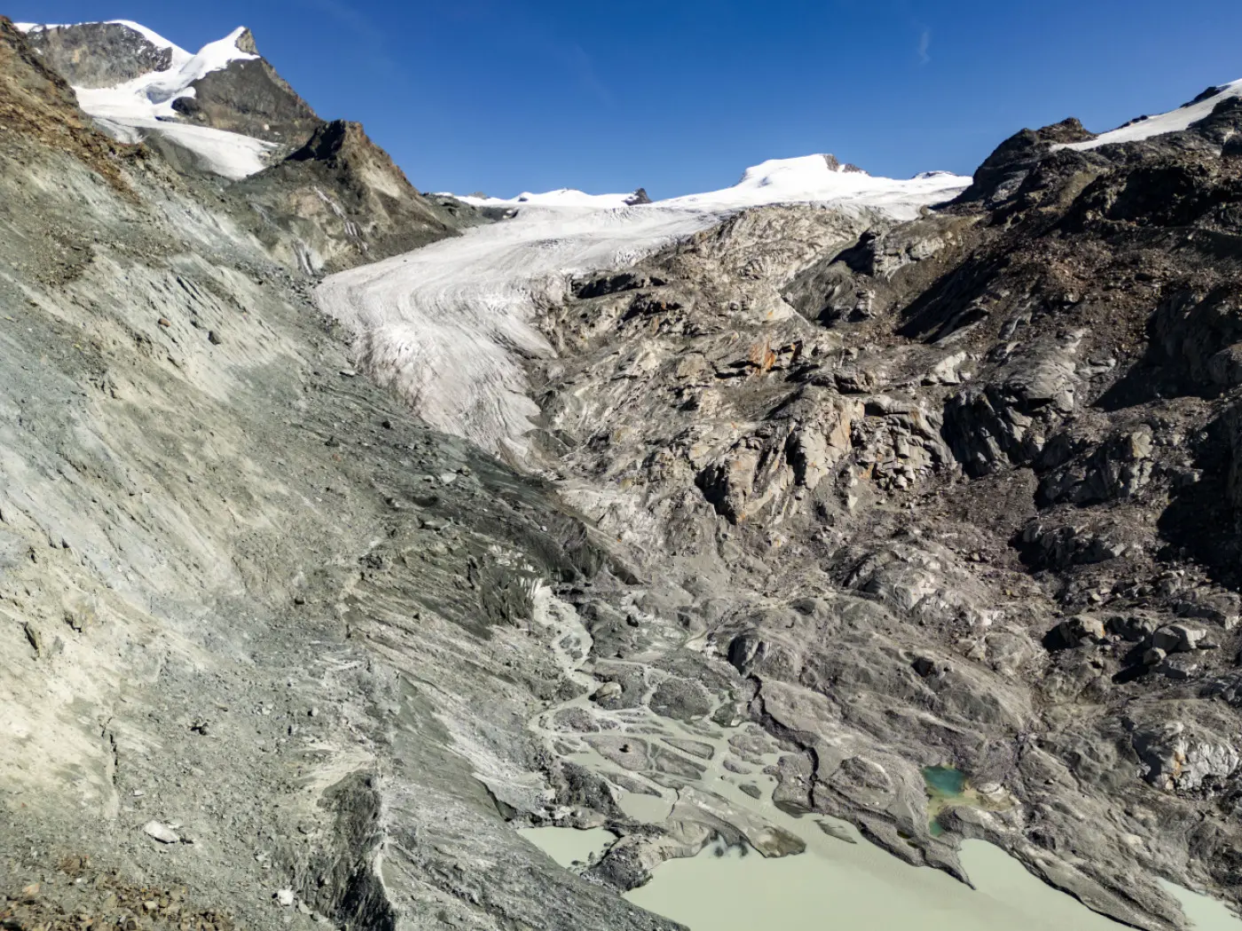 Paesaggio montano con un ghiacciaio che scende verso una valle rocciosa, circondato da cime montuose e un cielo blu. Piccole pozze d'acqua si trovano sul fondo della valle.