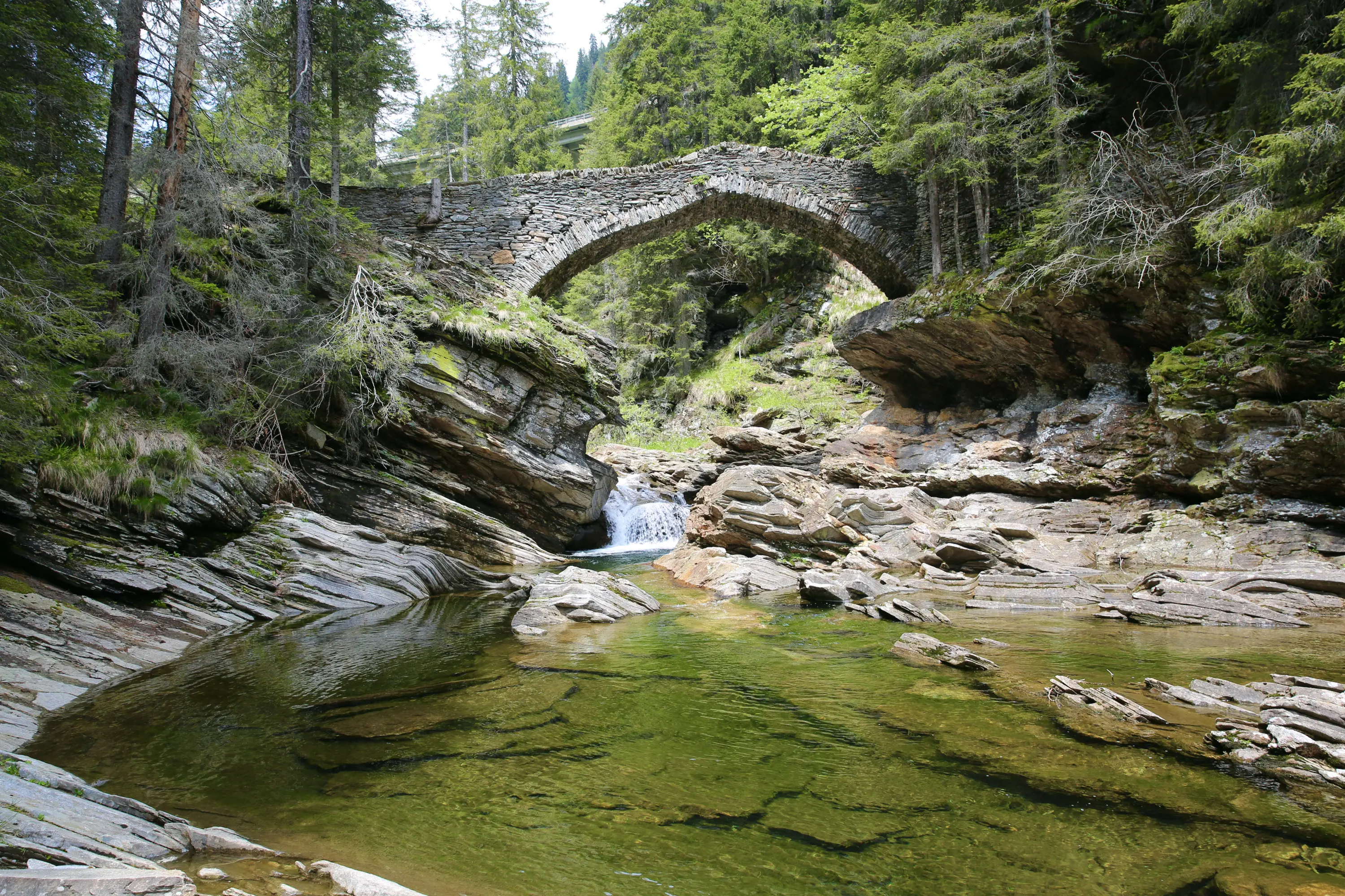 Un antico ponte di pietra ad arco si erge sopra un ruscello, circondato da alberi verdi e ripide pareti rocciose. Acqua limpida scorre sotto il ponte, formando piccole pozzanghere tra le rocce.