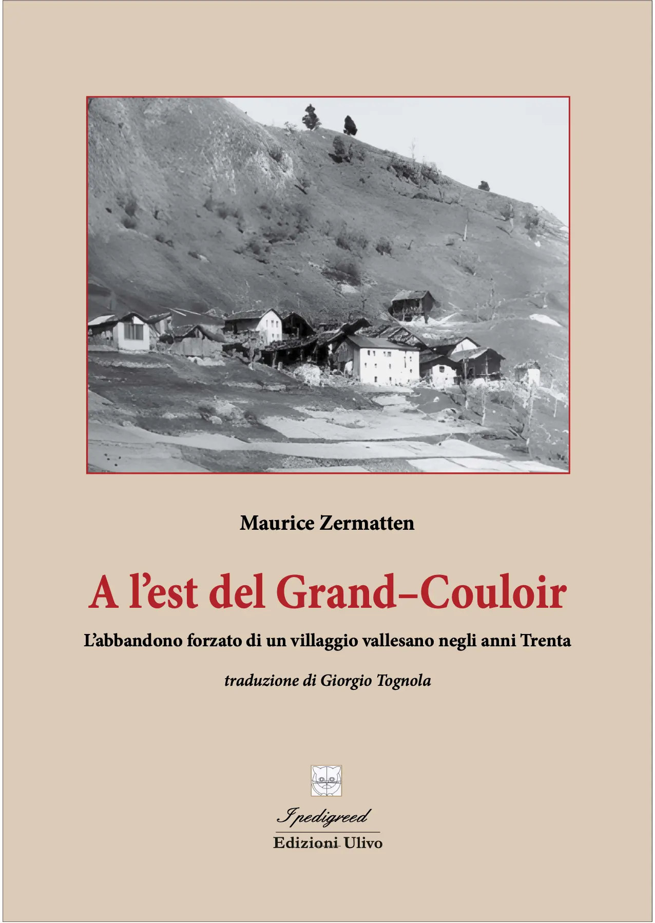 Copertina del libro "A l’est del Grand-Couloir" di Maurice Zermatt. Mostra un paesaggio montano con un villaggio vallesano, accompagnato dal titolo e dal nome dell'editore.