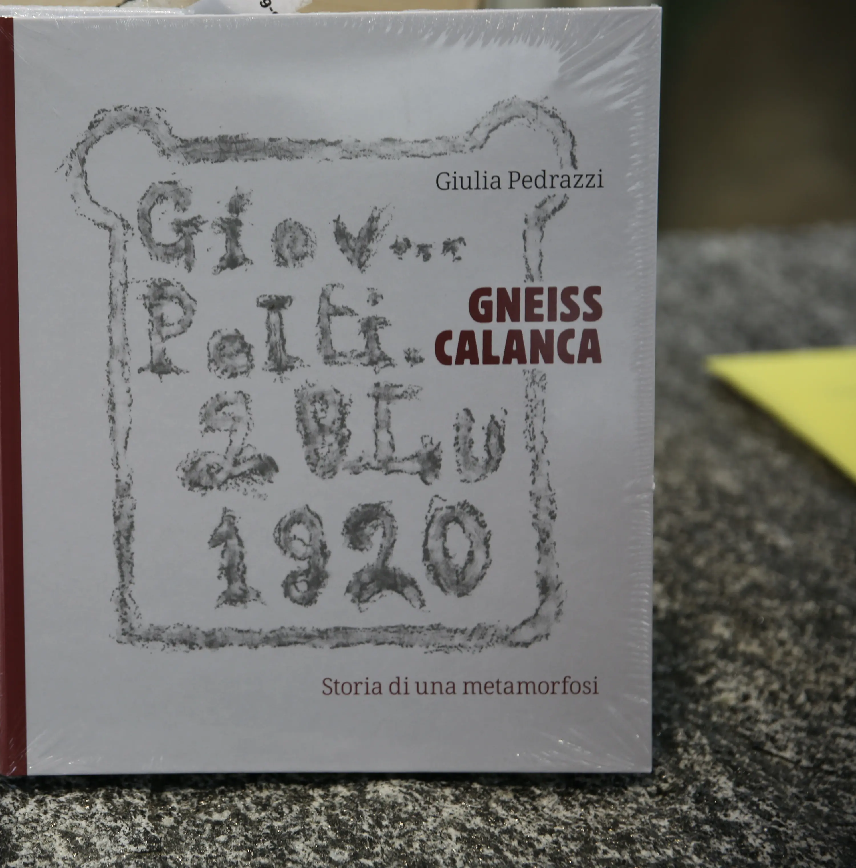 Copertina di un libro intitolato "Gneiss Calanca" di Giulia Pedrazzi. Presenta un disegno inciso su una pietra e il sottotitolo "Storia di una metamorfosi".