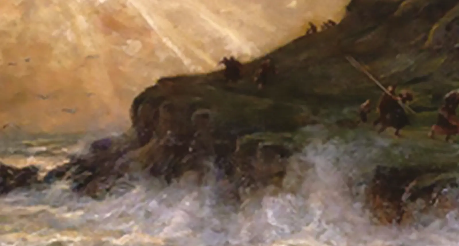 Un gruppo di figure umane sulla cima di una scogliera, circondate da onde che si infrangono su rocce. La luce del sole filtra attraverso nuvole, creando un'atmosfera drammatica e suggestiva.