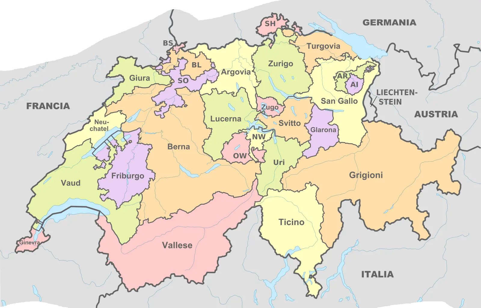 Mappa della Svizzera, con evidenziati i vari cantoni e i rispettivi nomi in diverse lingue.