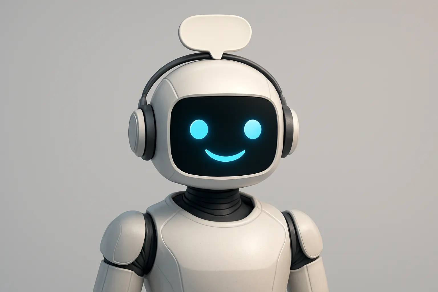 Un robot sorridente con un viso amichevole e un auricolare, dotato di un baffo da chat sulla testa. Il design è futuristico e minimalista, con una predominanza di colori chiari.