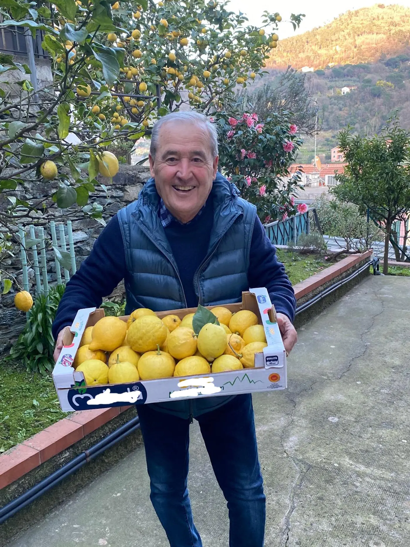 Uomo sorridente che tiene in braccio una cassetta piena di limoni, circondato da un giardino con alberi di limone e fiori. Sullo sfondo, si vedono colline e case.