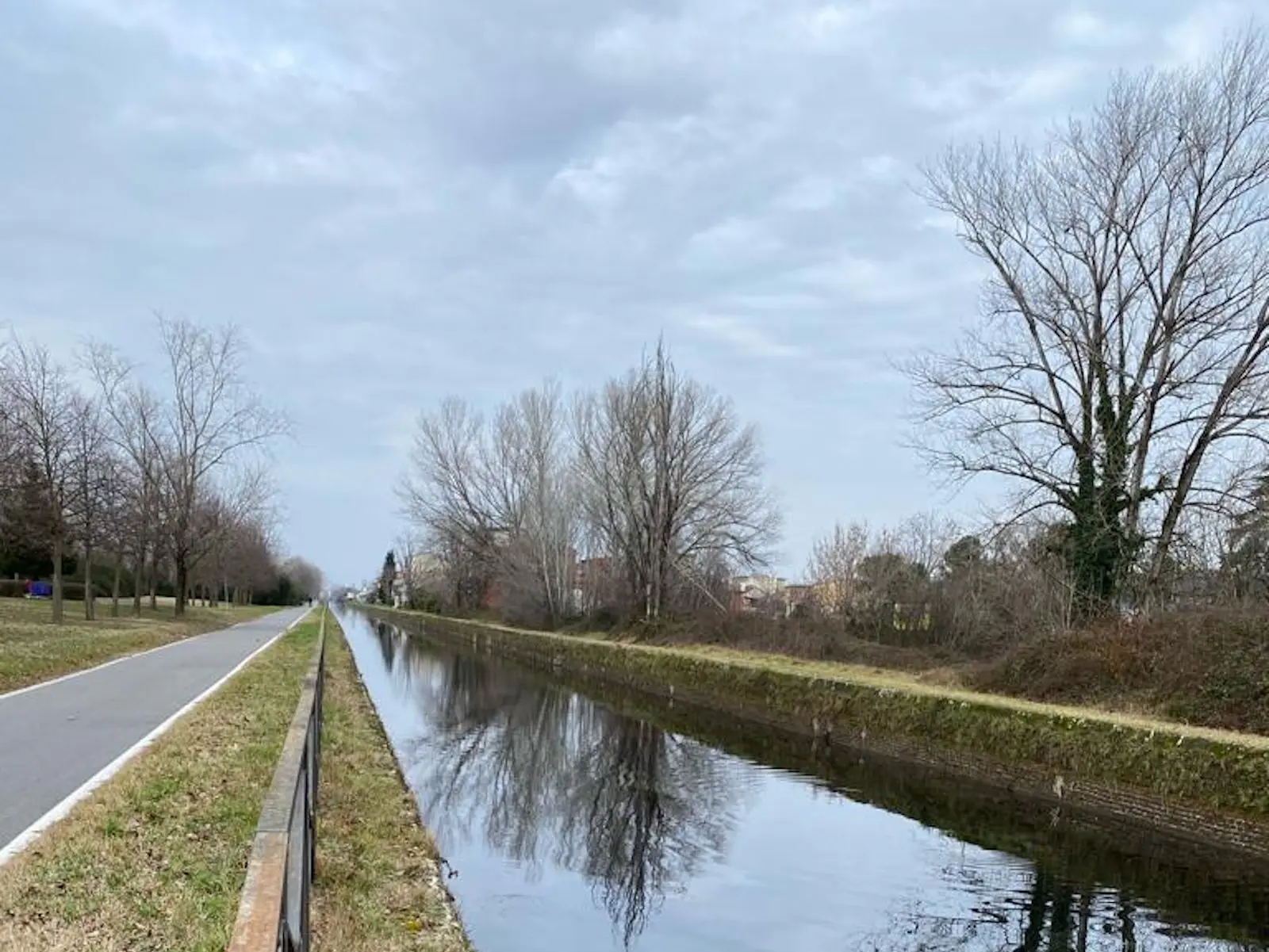 Un canale tranquillo circondato da alberi spogli, con un cielo nuvoloso sopra. Una strada asfaltata fiancheggia il canale, mentre la vegetazione circostante è in fase di riposo invernale.
