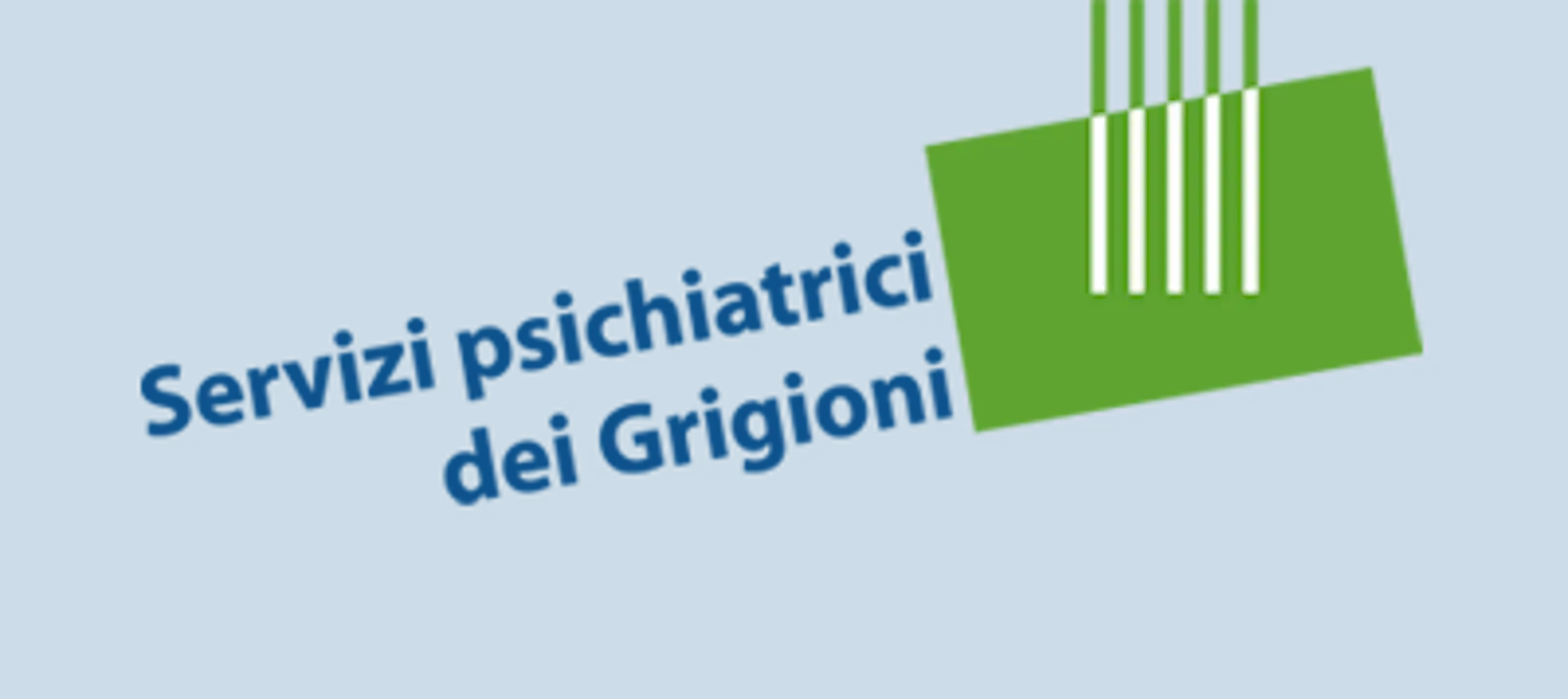 Sfondo blu con un rettangolo verde e strisce bianche verticali. Testo in trasparenza che dice "Servizi psichiatrici dei Grigioni".