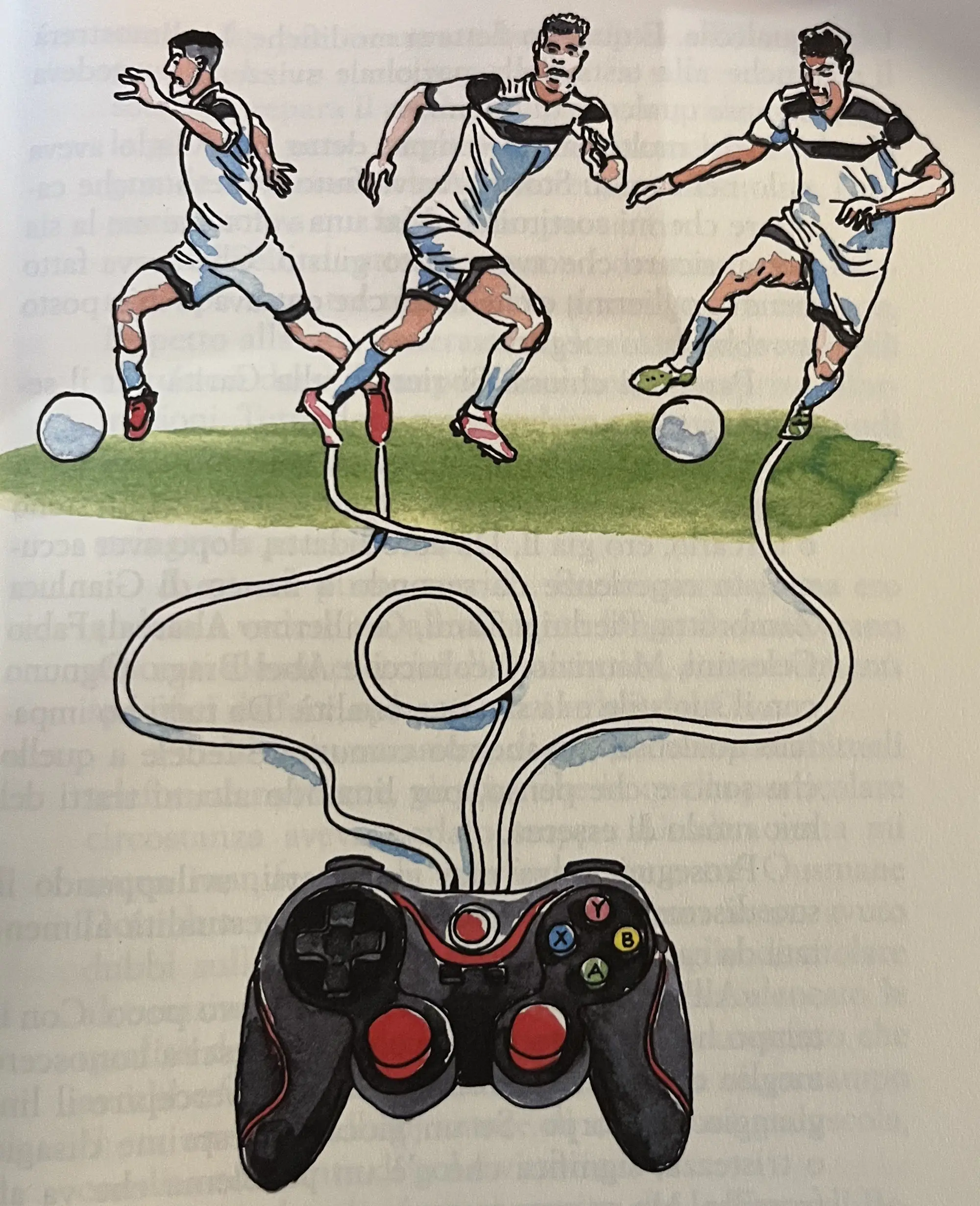 Tre calciatori stilizzati che corrono verso il pallone, con un controller di videogame sotto di loro collegato a un cavo.
