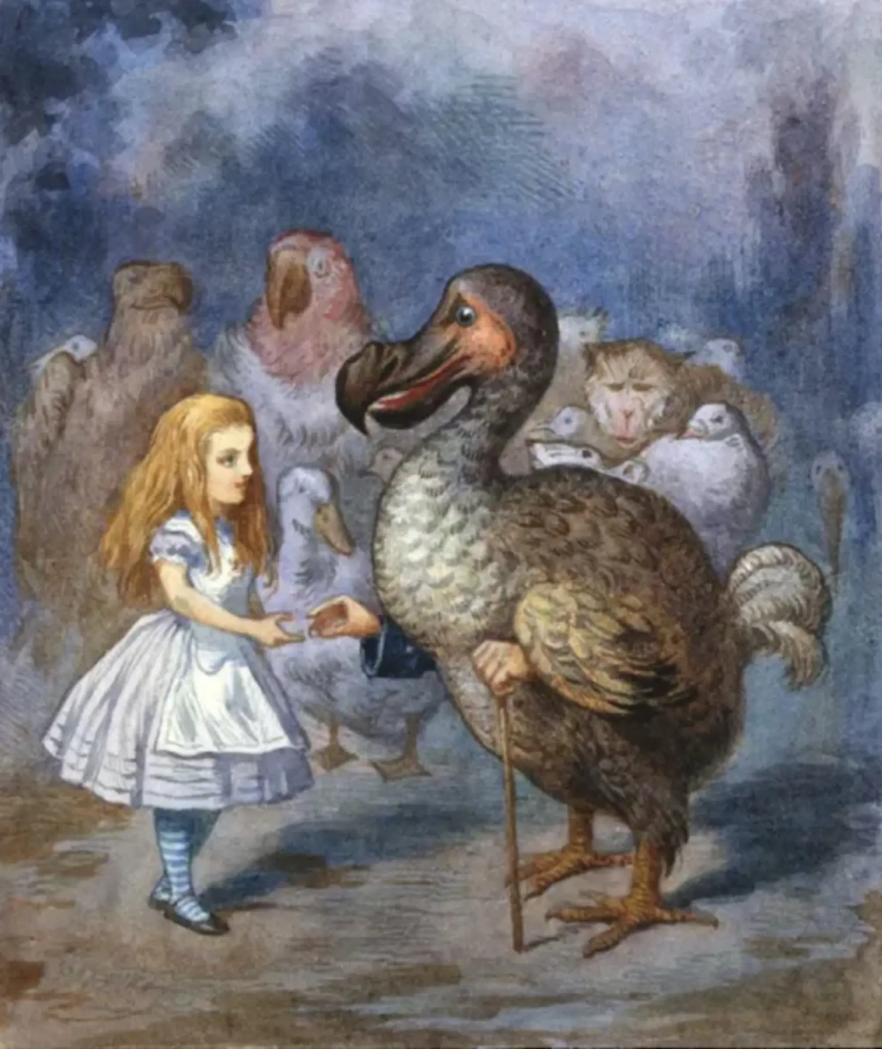 Alice in un abito bianco e blu si avvicina a un dodo, che indossa un bastone e ha un aspetto buffo. Sullo sfondo ci sono vari uccelli e animali, che osservano la scena con interesse. Il cielo è nuvoloso