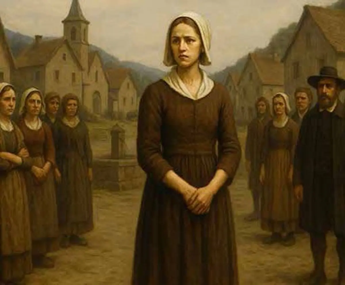 Una donna triste con un abito marrone e un cappello bianco si trova al centro di un gruppo di persone, tutte con espressioni preoccupate. Sullo sfondo si vedono case e una chiesa, il cielo è grigio.