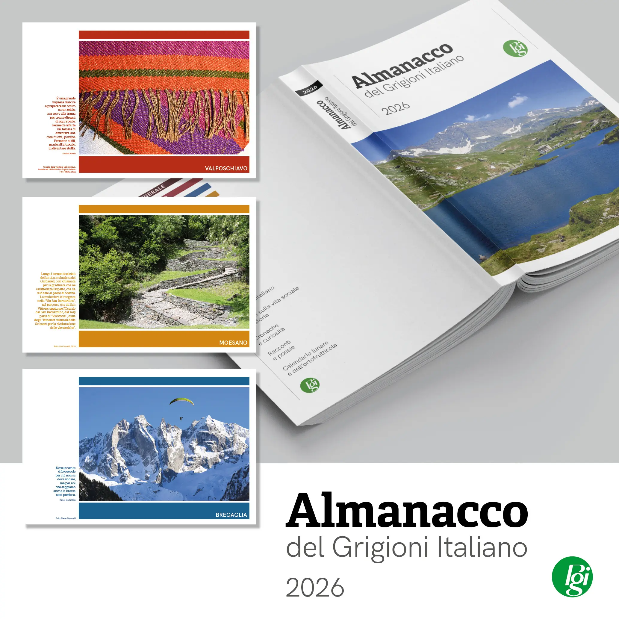 Copertina di un almanacco con immagini di paesaggi montani, tradizioni e attività all'aperto del Grigioni Italiano, con elementi grafici moderni.