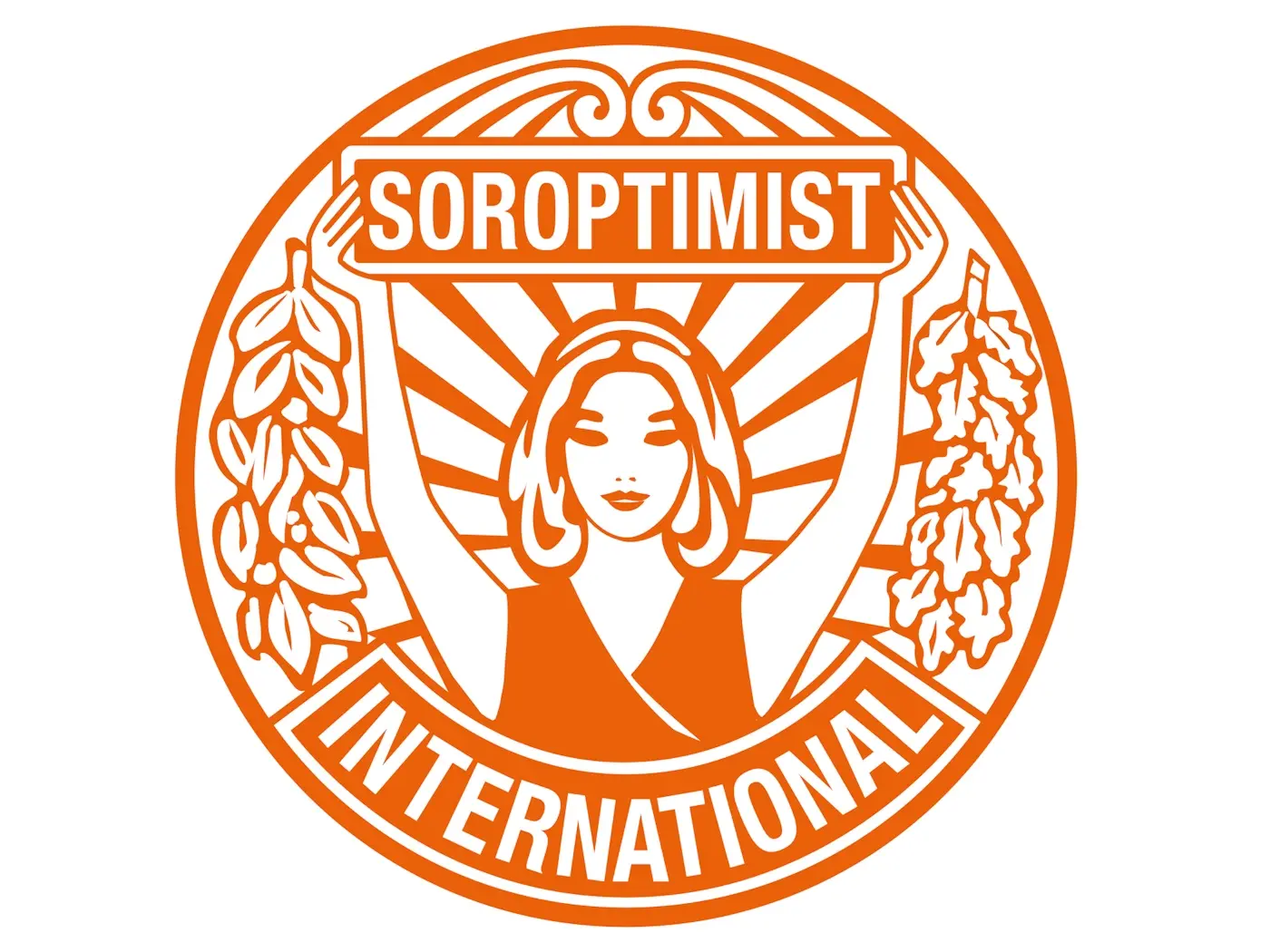 Logo di Soroptimist International, rappresentante una donna che solleva un cartello con il nome dell'organizzazione. Il design include elementi stilizzati di foglie e raggi di sole, tutto in