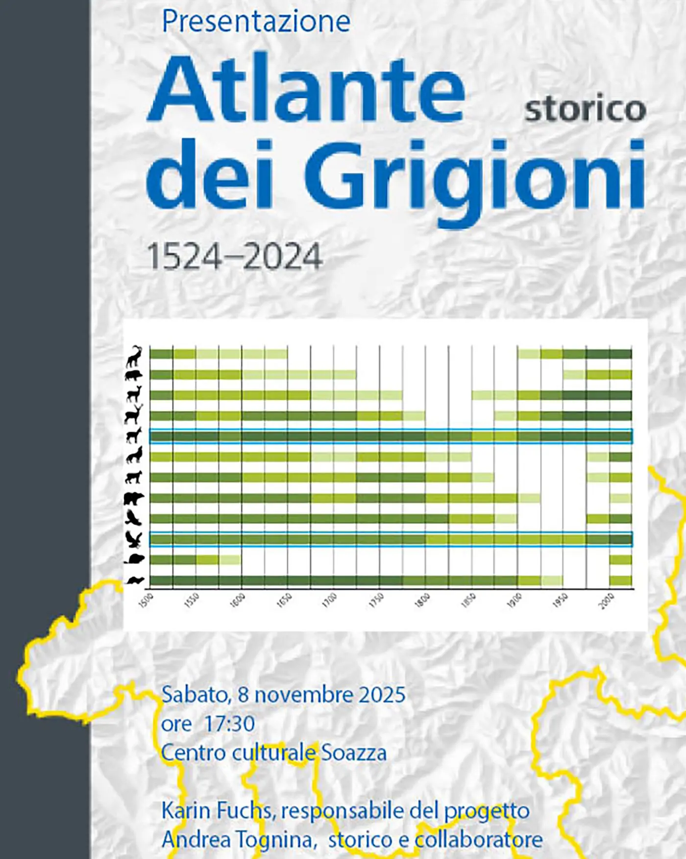 Presentazione dell'Atlante storico dei Grigioni, copertina con dettagli sull'evento e date. Include informazioni sul luogo e sui relatori, come Karin Fuchs e Andrea Tognina.