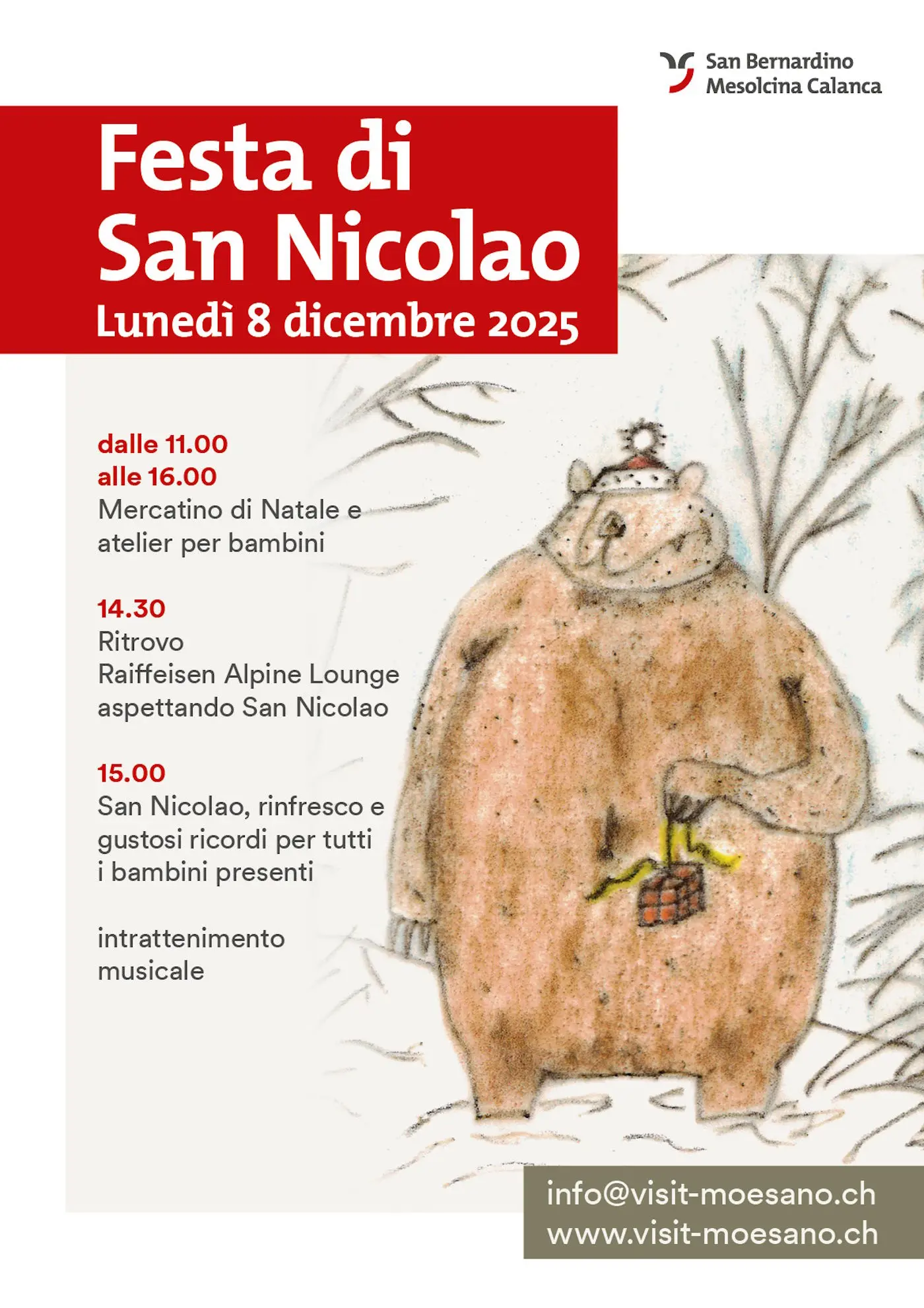 Locandina della Festa di San Nicolao con dettagli sull'evento del 8 dicembre 2025. Include informazioni su mercatini di Natale, ritrovo e intrattenimento musicale. Imm