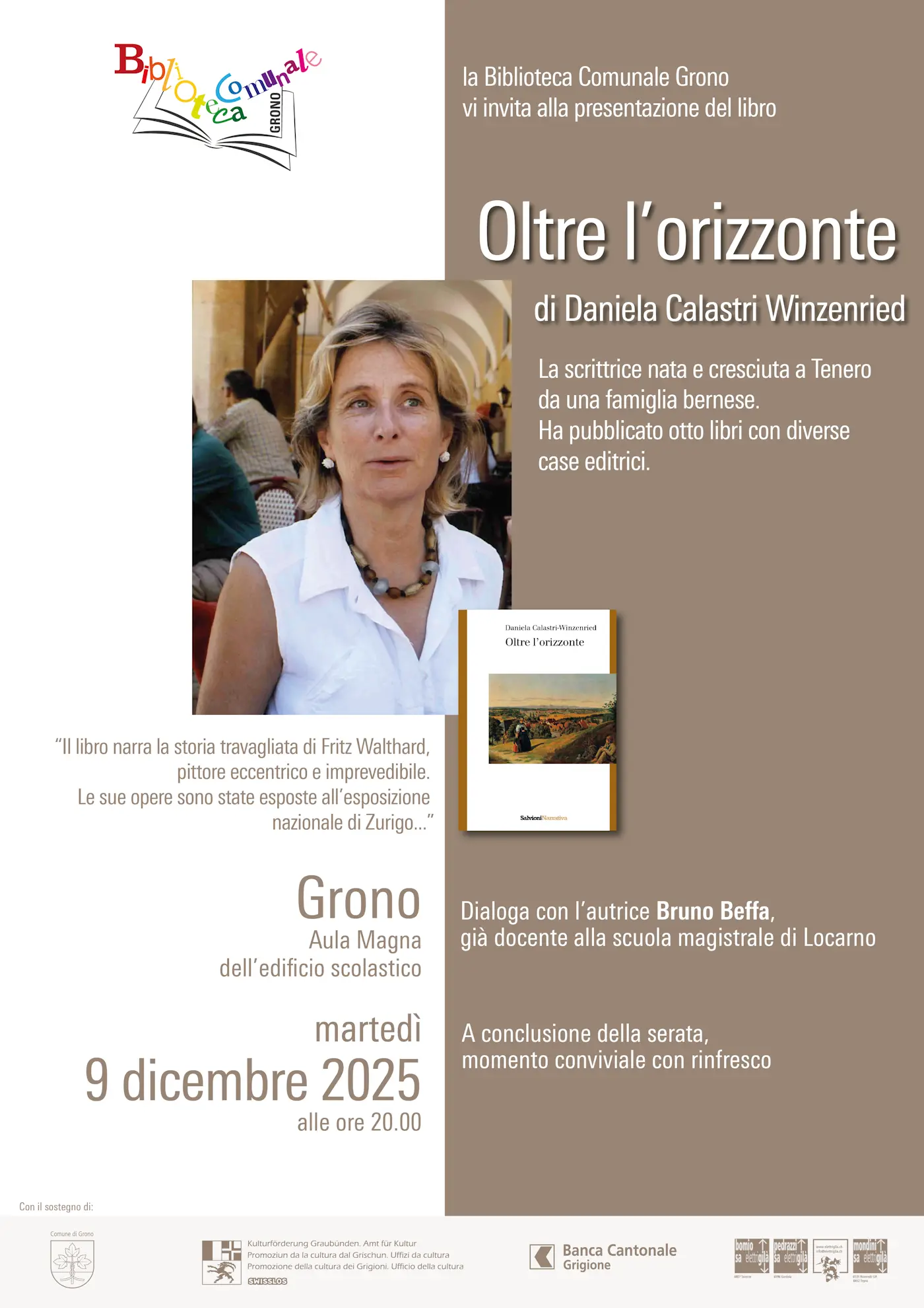 Locandina della presentazione del libro "Oltre l'orizzonte" di Daniela Calastri Winzenried. La scrittrice è ritrattata, con dettagli sulla