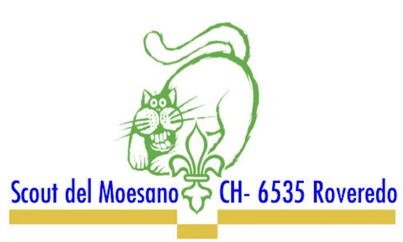 Logo degli Scout del Moesano con un disegno stilizzato di un gatto e una gigliosa, accompagnato dal testo "Scout del Moesano CH- 6535 Roveredo