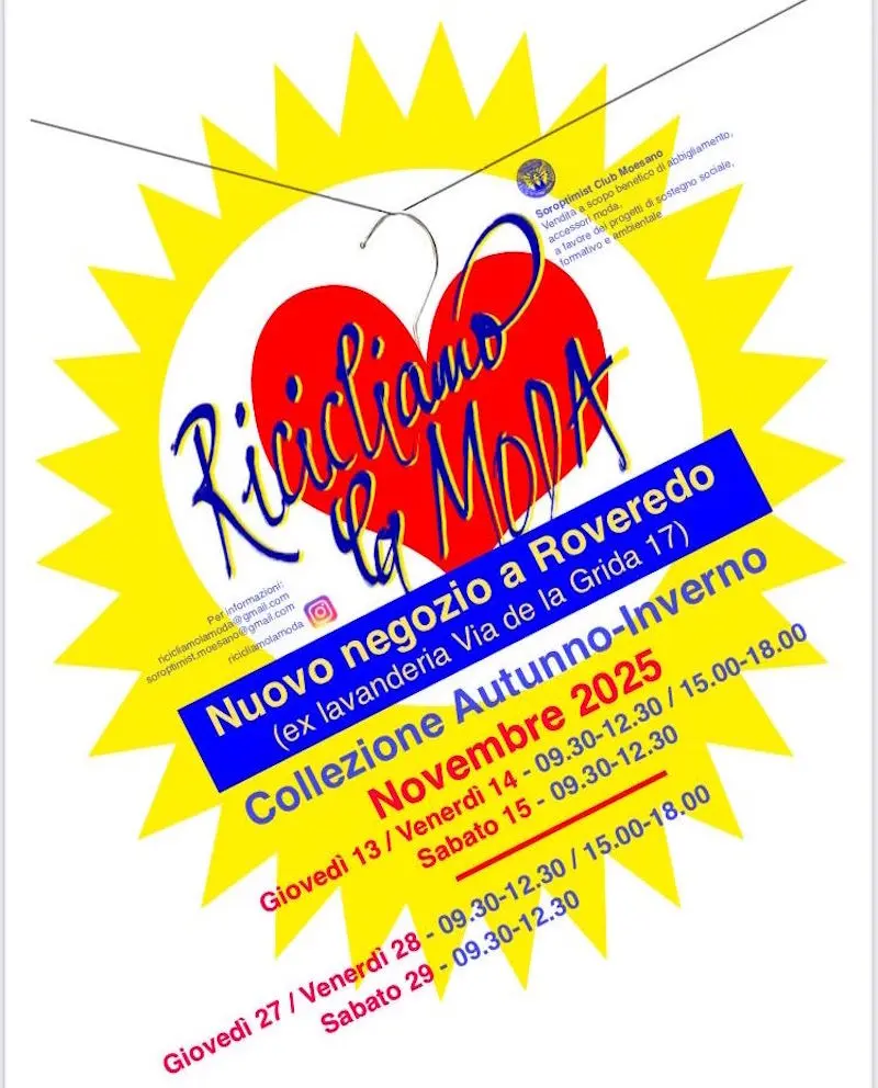 Poster promozionale per un nuovo negozio a Roveredo. Annuncia la collezione autunno-inverno 2025, con date e orari di apertura. Include un cuore rosso con il testo "Ricicliamo & Moda".