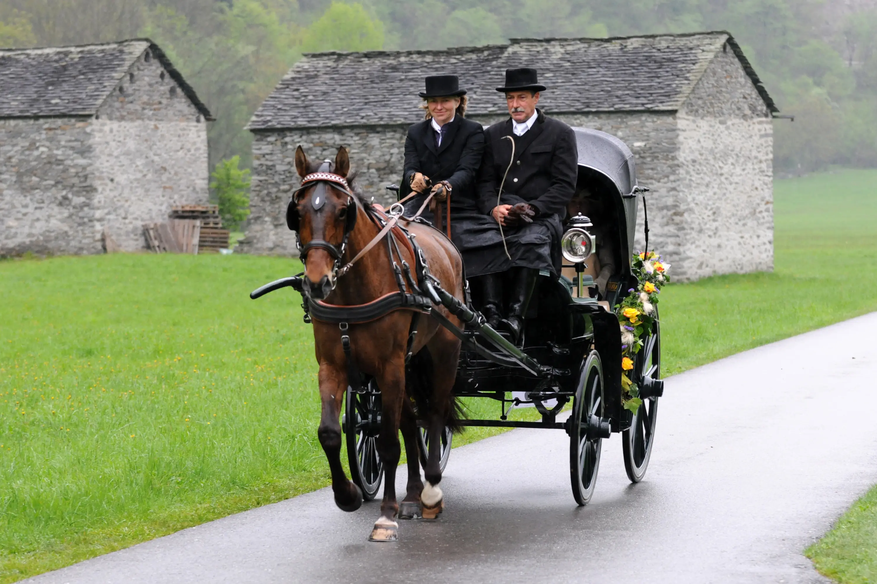 Due persone in abiti tradizionali viaggiano su un carro trainato da un cavallo. Sul carro ci sono decorazioni floreali e sullo sfondo si vedono edifici in pietra e una verdeggiante campagna.