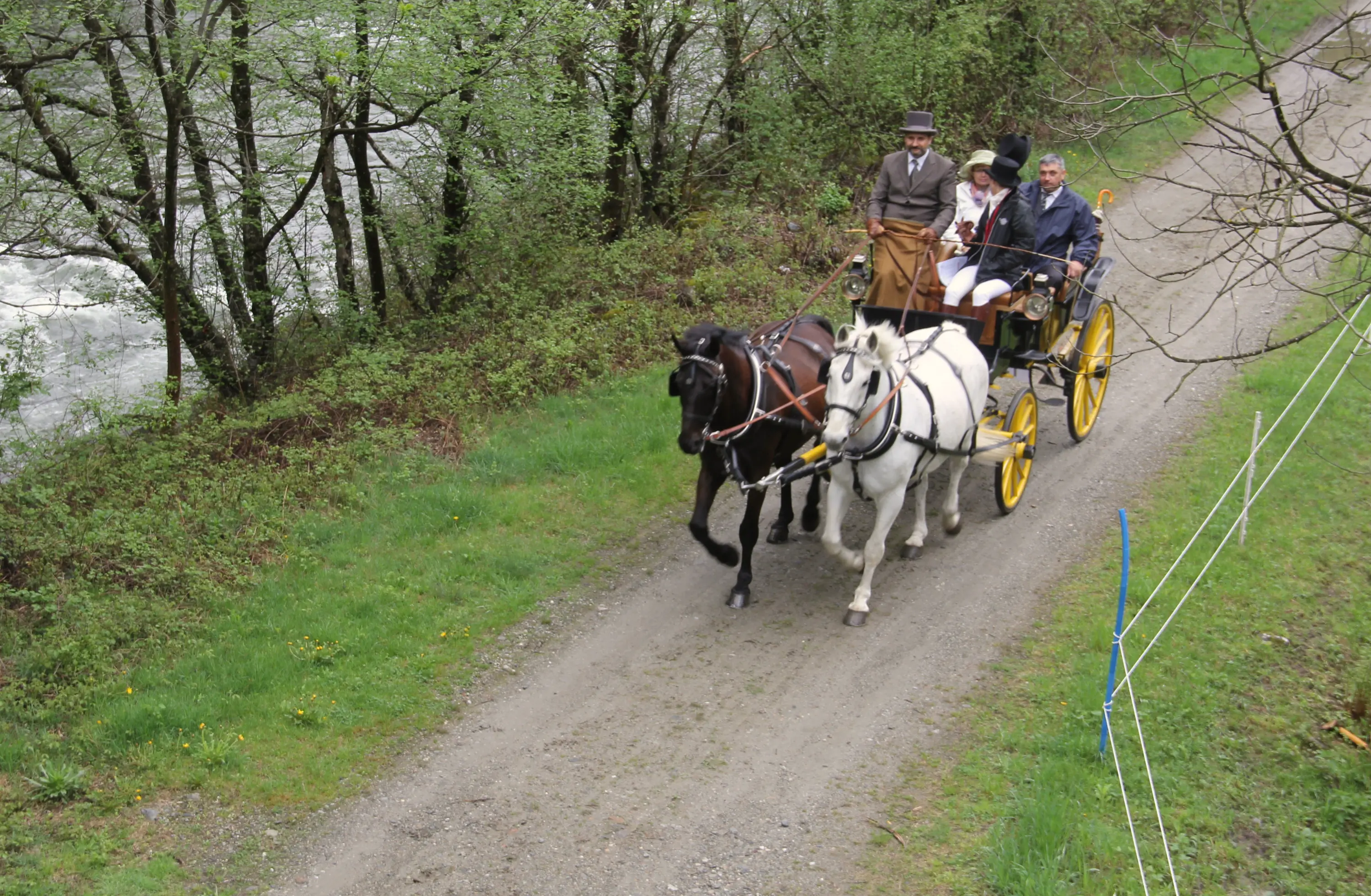 Carrriage trainata da due cavalli, con due uomini e una donna vestiti in abiti tradizionali, che percorrono una strada sterrata vicino a un fiume. Circondati da alberi verdi.