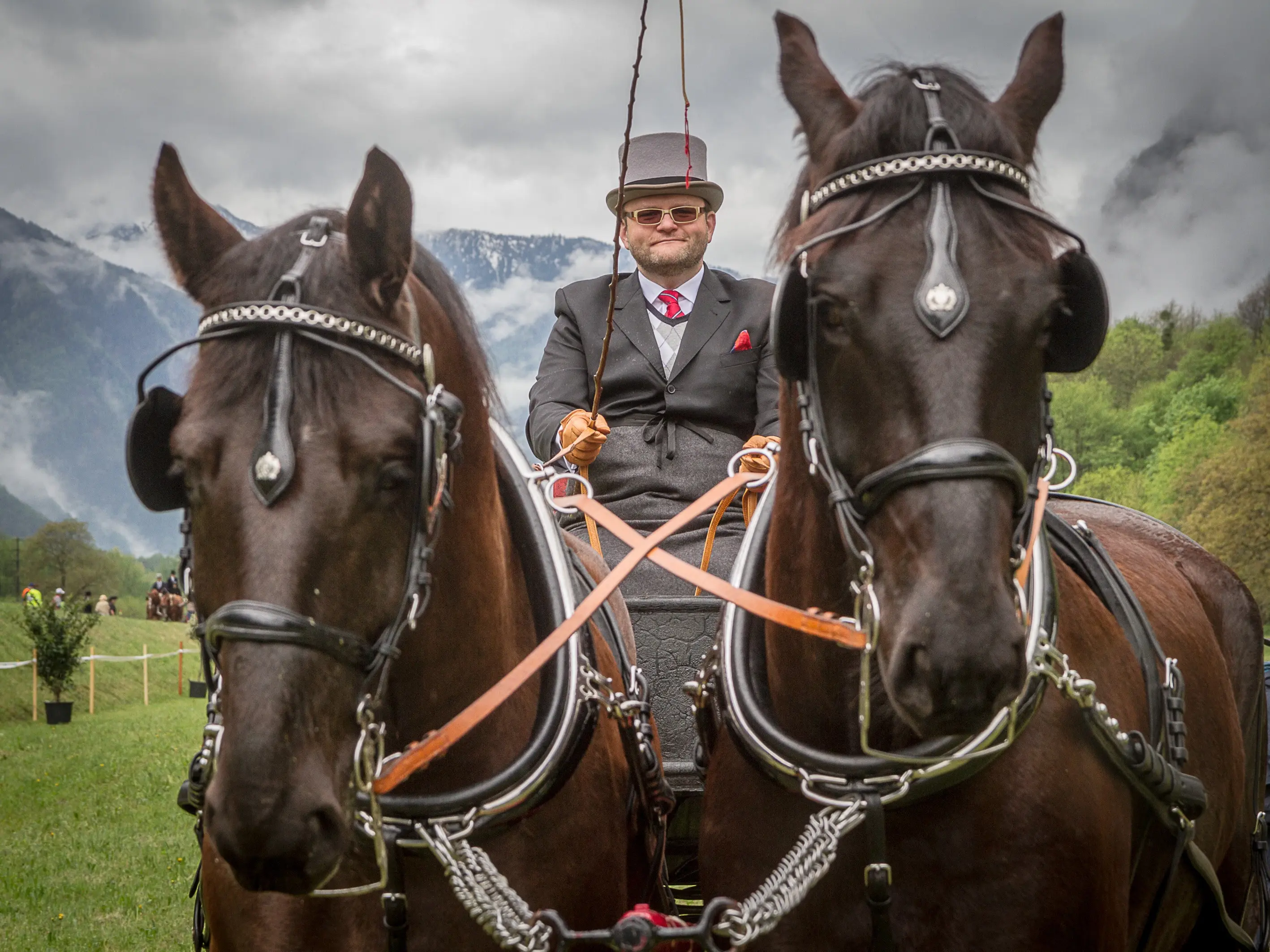 Un uomo in abito elegante guida un carro trainato da due cavalli neri in un paesaggio montano. Il cielo è nuvoloso e si vedono le montagne in lontananza.