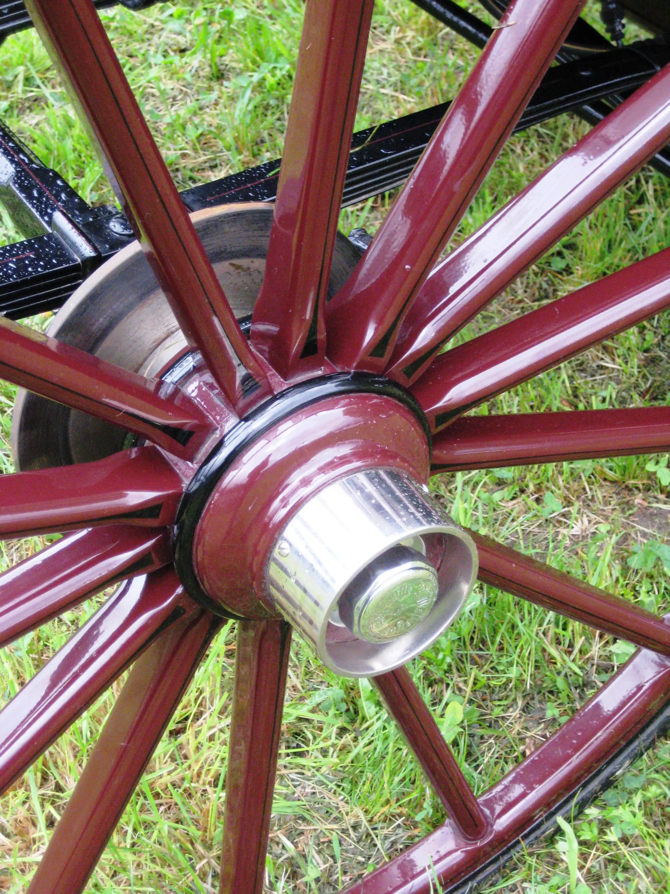 Dettaglio di una ruota di carro con raggi rossi e mozzo metallico, sullo sfondo di erba verde.