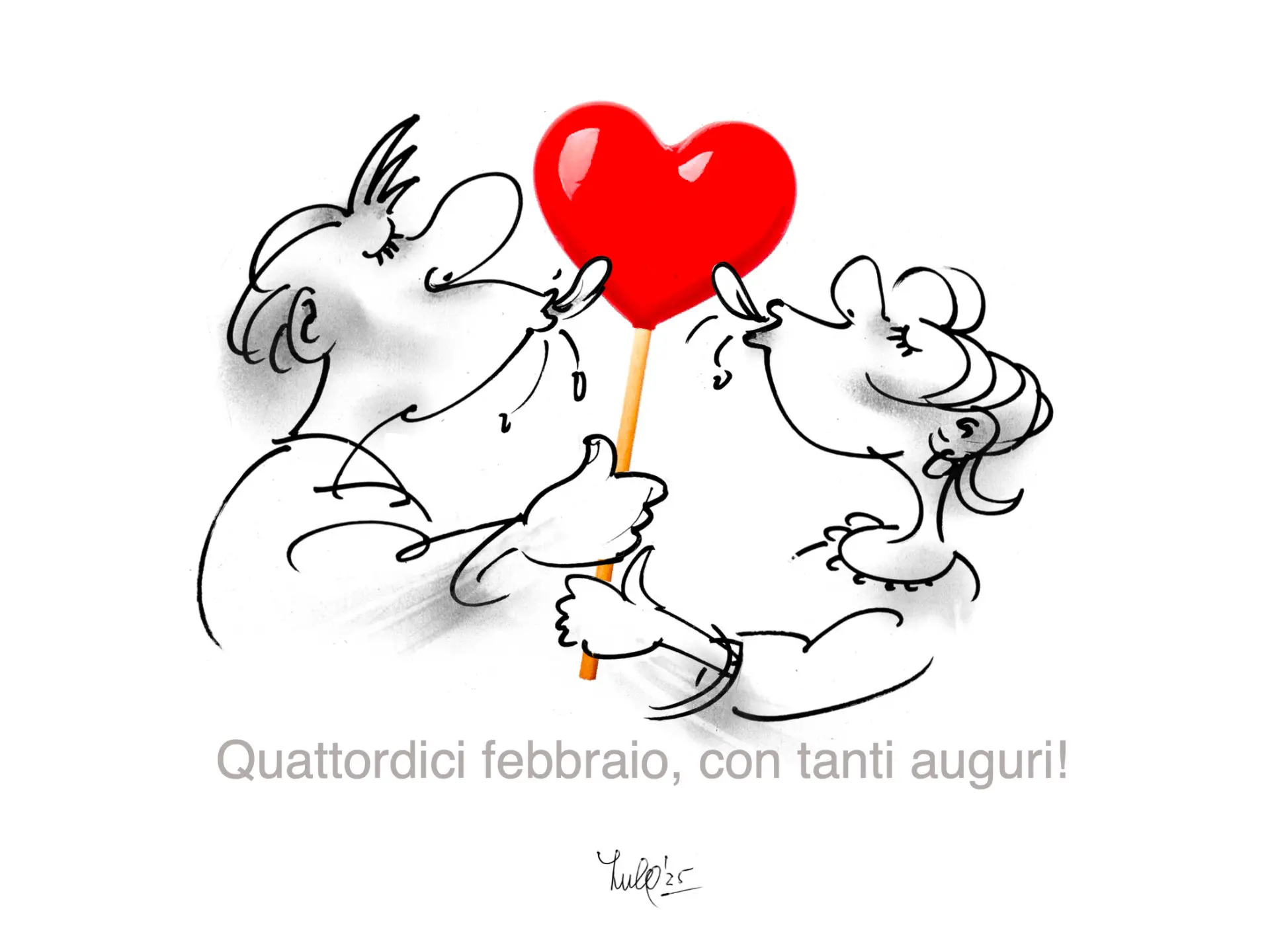 Due personaggi stilizzati si baciano, tenendo un grande cuore rosso. In basso si legge: "Quattordici febbraio, con tanti auguri!".