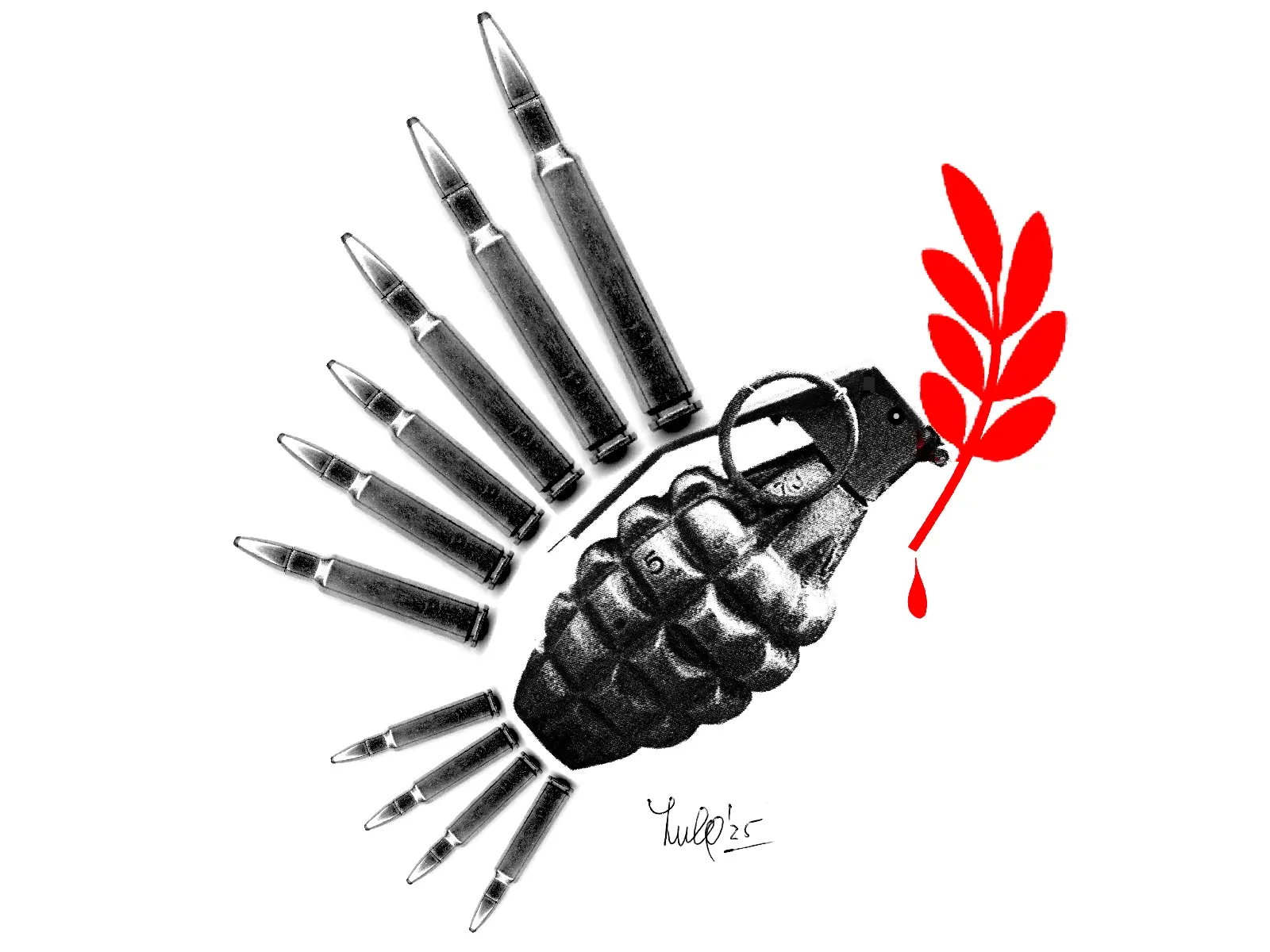 Una granata nera al centro circondata da proiettili, con una foglia rossa che gocciola sangue. Design in stile grafico.