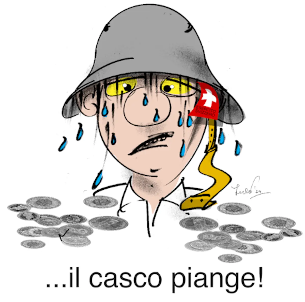 Un personaggio con un casco militare e lacrime che scendono sul viso, circondato da monete. Testo: "...il casco piange!"