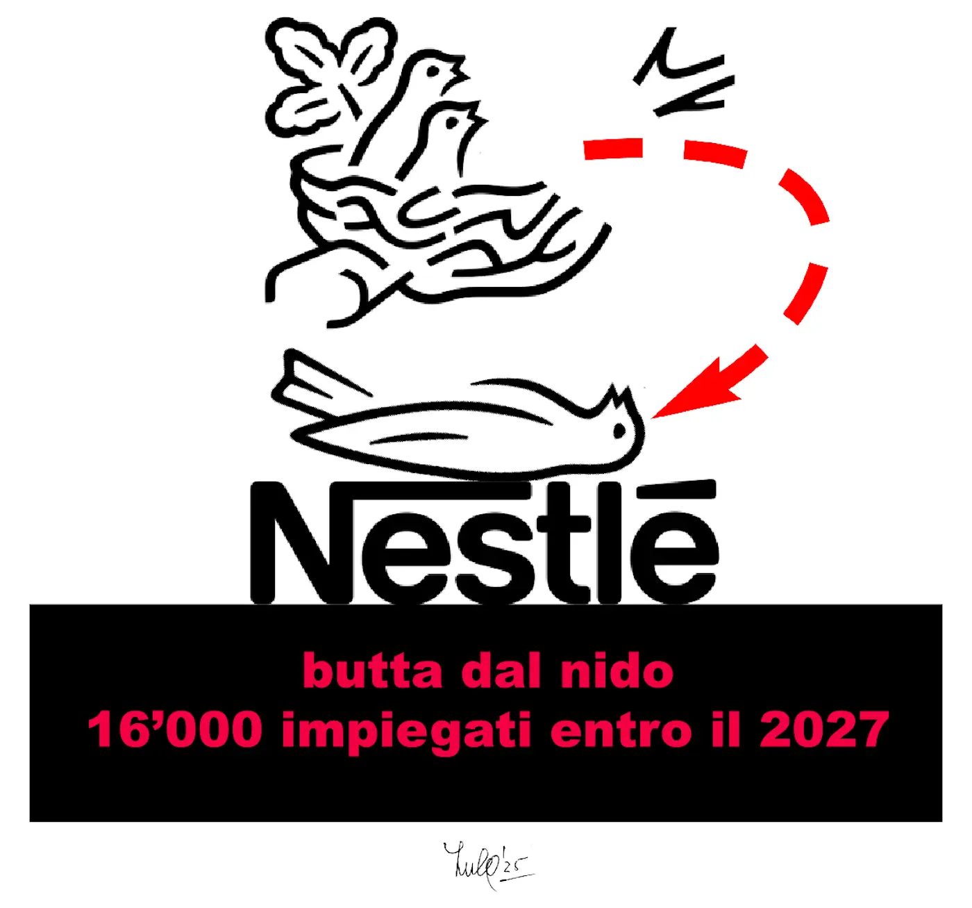 Logo di Nestlé con un disegno stilizzato di uccelli che escono dal nido. Sotto, il testo "butta dal nido" e "16’000 impiegati entro il 2027".