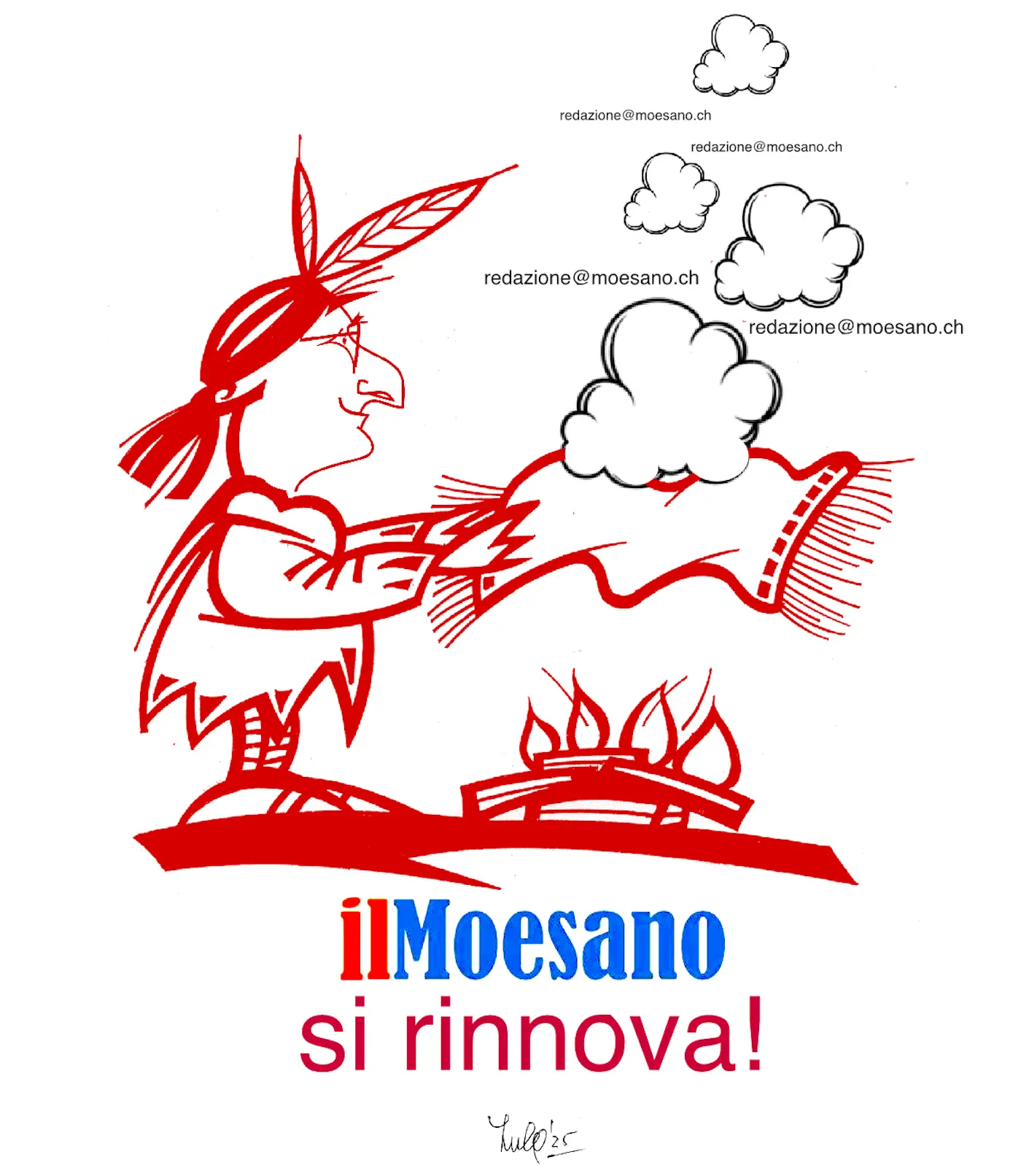 Un personaggio con un copricapo tradizionale che sta cucinando sopra un grande focolare. Nuvole di fumo si alzano, accompagnate dal testo "ilMoesano si rinnova!" in blu e rosso.