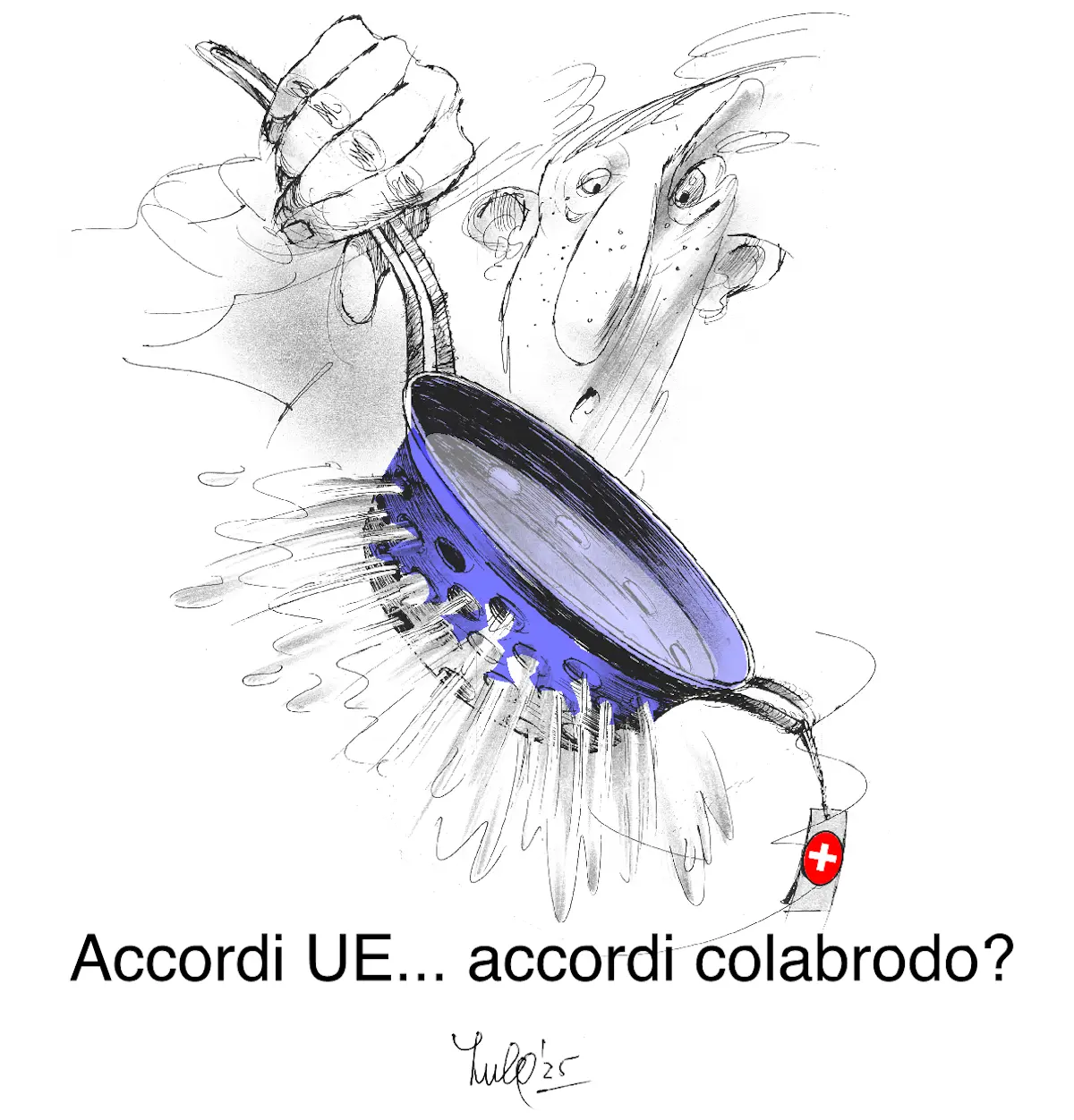 Un uomo tiene in mano un colapasta blu, mentre un'etichetta rossa con il simbolo della Svizzera pende da esso. Il testo sottostante mette in discussione gli accordi con l'UE.