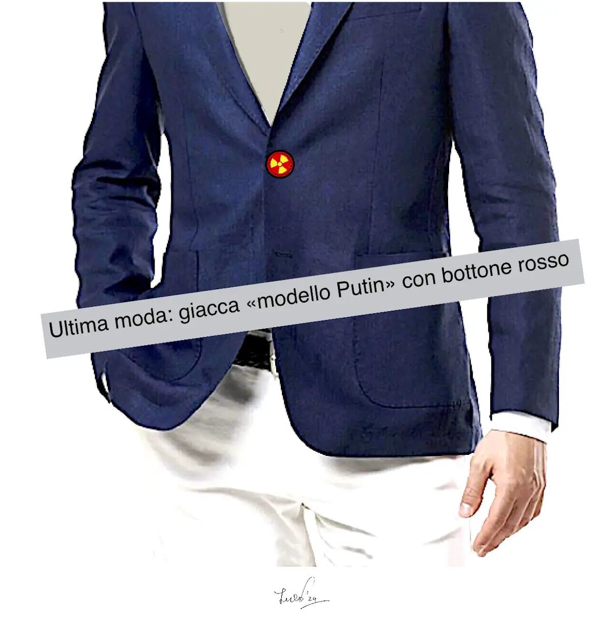 Un uomo indossa una giacca blu con un bottone rosso, accompagnata da un testo che descrive la giacca come "modello Putin".