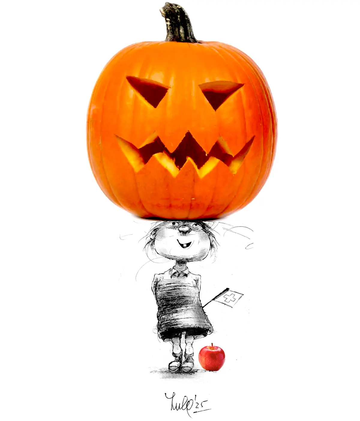 Una zucca intagliata con faccia spaventosa si trova sopra un disegno in bianco e nero di una bambina con un abito scolastico, che tiene in mano un foglio e ha una mela rossa ai suoi piedi.