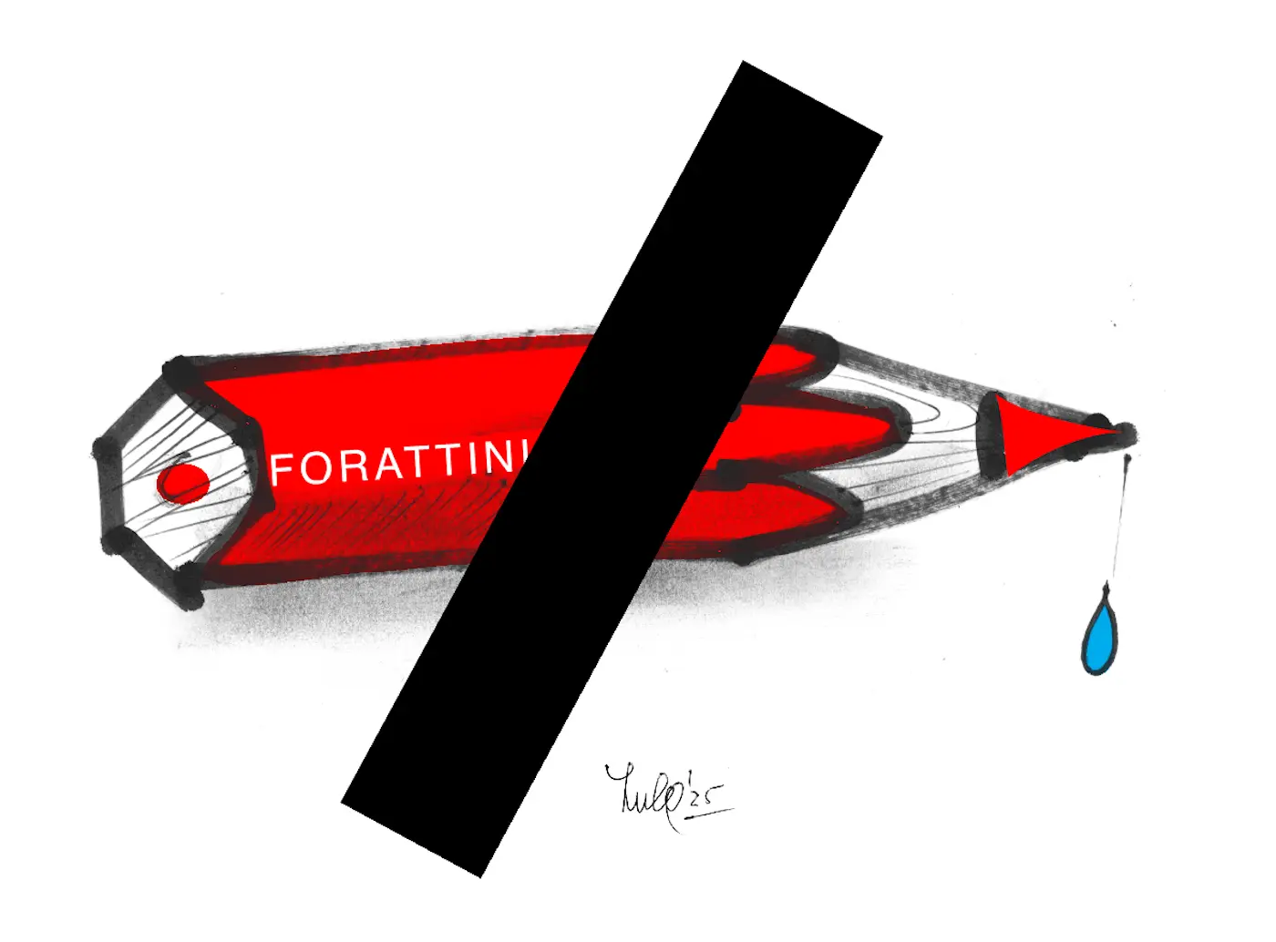 Matita rossa stilizzata con una goccia d'acqua blu che pende dalla punta. La parola "FORATTINI" è scritta sulla matita, con un segno di divieto sopra di essa.